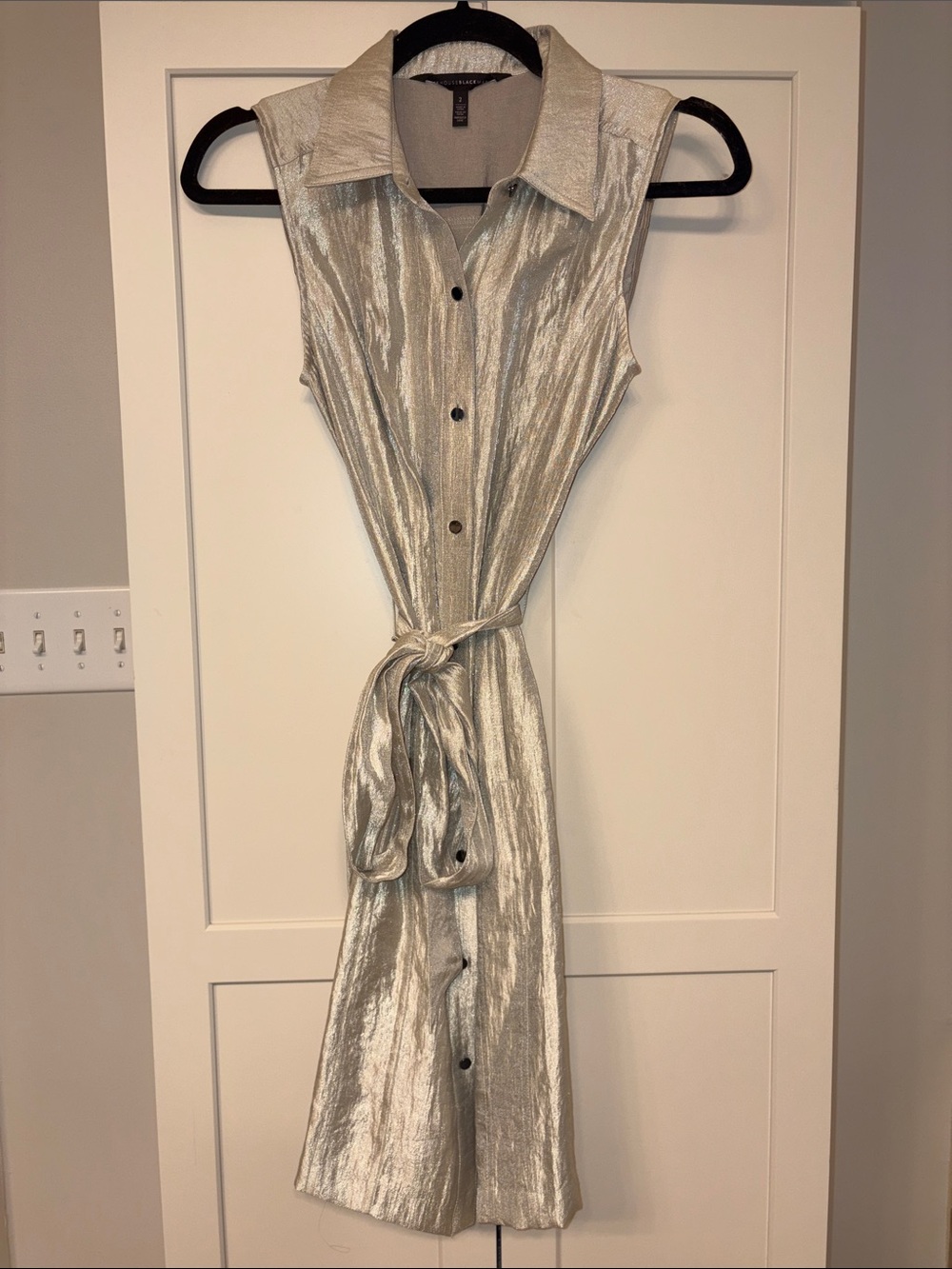 White House Black Market Metallic Silver Sleeveless Shirt Dress with Tie